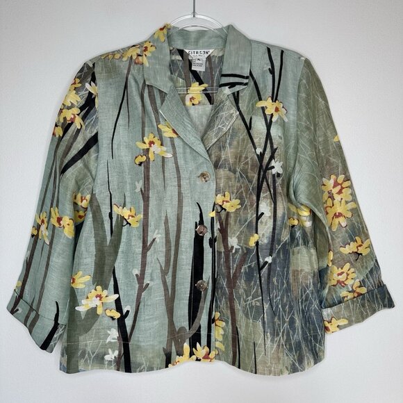 CITRON Santa Monica Floral Top LP Green Silk Linen Button up Asian Art - Picture 1 of 11